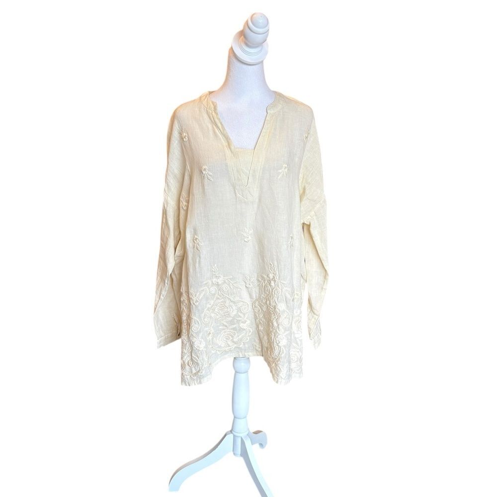 Coldwater Creek Cream Linen Tunic Blouse Top Embroidered Womens Medium Oversized